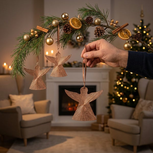 Eine Hand hält einen Tannenzweig mit drei hängenden Engelsfiguren aus Metall als Weihnachtsbaumschmuck vor einem weihnachtlich dekorierten Wohnzimmer.