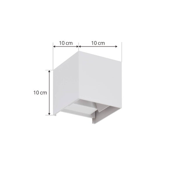 Würfelförmige Wandleuchte mit den Maßen 10 Zentimeter mal 10 Zentimeter mal 10 Zentimeter.