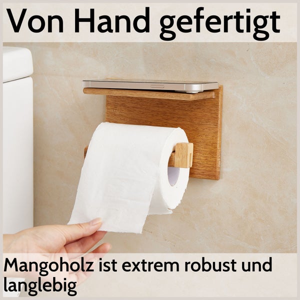 DEKAZIA® Klopapierhalter mit Ablage Mango | Toilettenpapierhalter Holz Klopapierhalter Holz Klorollenhalter Holz Klopapierhalter Bambus WC Rollenhalter Holz WC Papier Halterung Holz ohne Bohren Wand