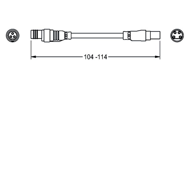 Technische Zeichnung eines Kabels mit dreipoligen und vierpoligen Steckverbindern sowie einer Längenangabe von 104 bis 114.