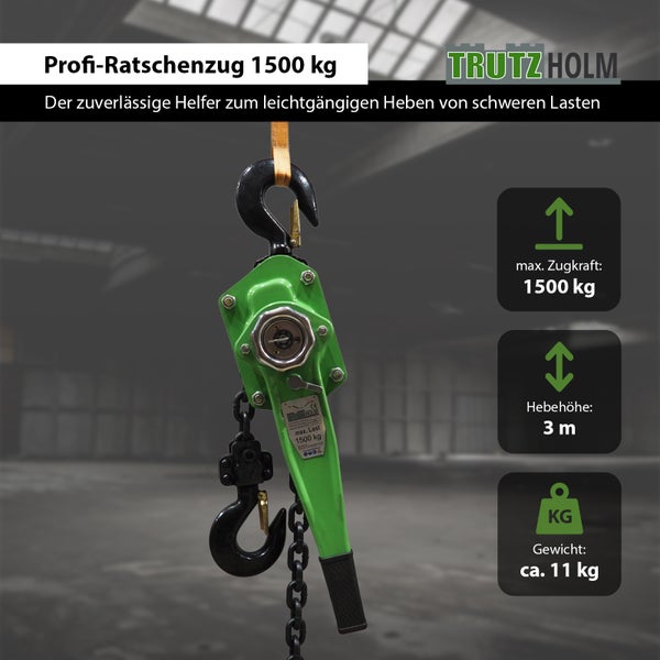 Trutz Holm Profi Ratschenzug mit 1500 Kilogramm Zugkraft und 3 Meter Hebehöhe für schwere Lasten.