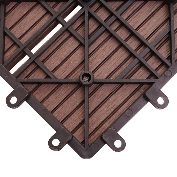 Unterseite einer Terrassenfliese aus Holz-Kunststoff mit Kunststoff-Gitternetz und Klicksystem zur Verbindung