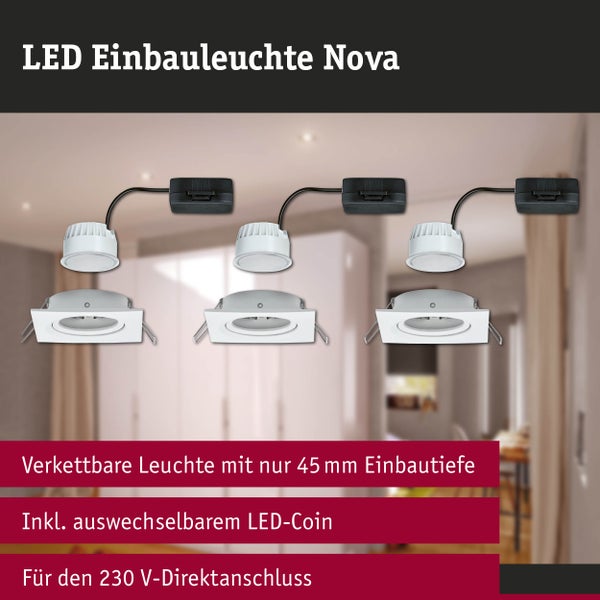 LED Einbauleuchte Nova im 3er Set, eckig, inklusive LED-Coin und Anschlussbox, mit 45 Millimeter Einbautiefe für 230 Volt.