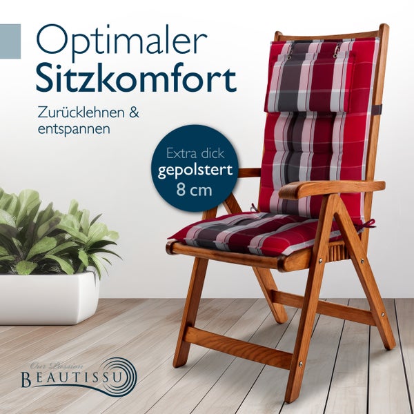 Holzklappstuhl mit karierter Hochlehner Auflage mit acht Zentimeter Polsterung und Beautissu Logo.