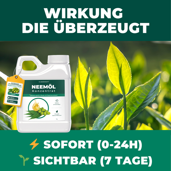 Silberkraft Neemöl Konzentrat 1 Liter Flasche mit Pflanzen im Hintergrund für natürliche Pflanzenstärkung und sofortige Anwendung.