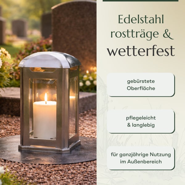 Grablampe aus Edelstahl mit gebürsteter Oberfläche für den Außenbereich auf einem Friedhof mit Grabkerze.