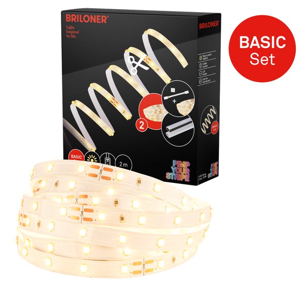 Briloner LED-Streifen-Basis-Set, 2 Meter lang, warmweißes Licht, kürzbar, mit Kabelschalter.