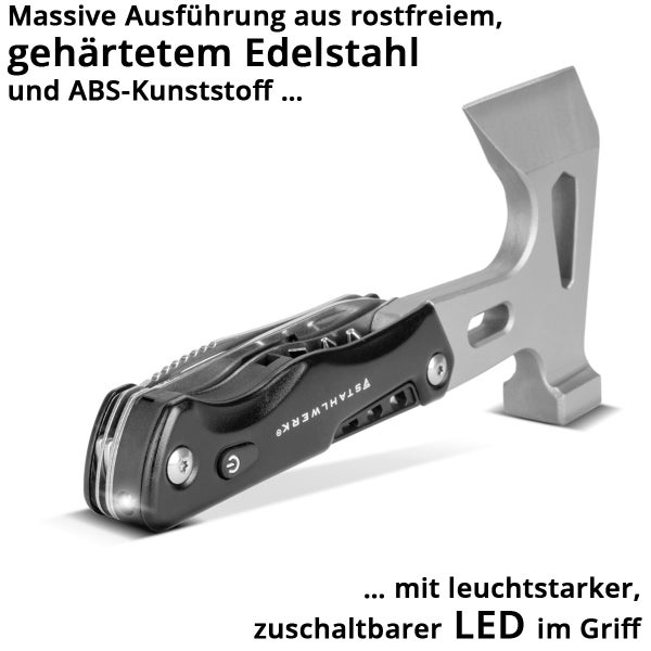 Multitool mit Hammer und Axtkopf aus rostfreiem Edelstahl, Griff aus ABS Kunststoff mit integrierter LED Leuchte und STAHLWERK Logo.