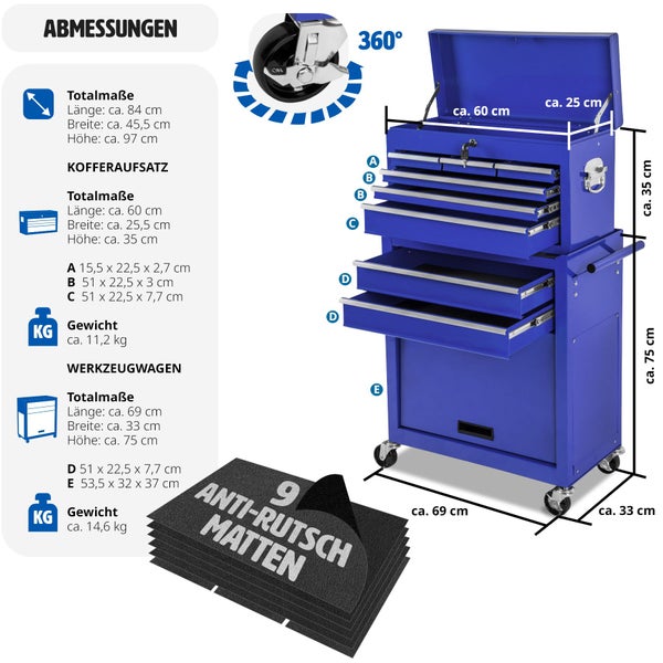 Werkzeugwagen tectake  Rollen Ø 100 mm 8 kugelgelagerte Schubladen mit Antirutschmatten blau