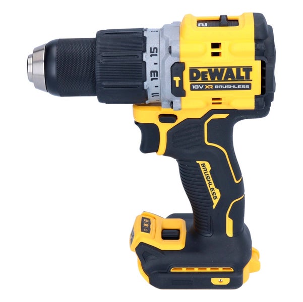 Gelb-schwarzer DeWALT 18 Volt XR bürstenloser Akku-Schlagbohrschrauber mit Schnellspannbohrfutter.
