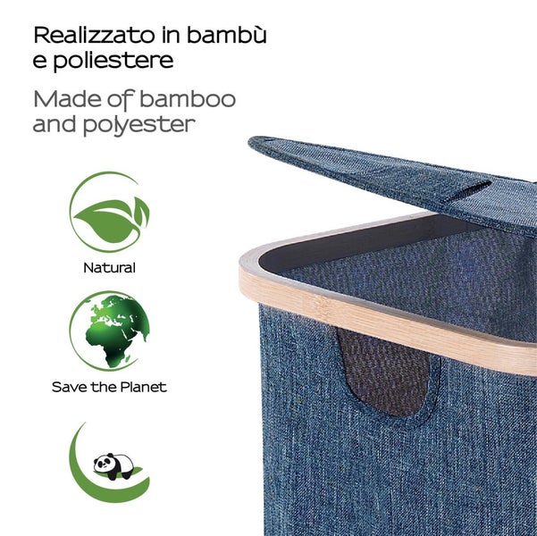 Blauer Wäschekorb aus Bambus und Polyester, 87 Liter