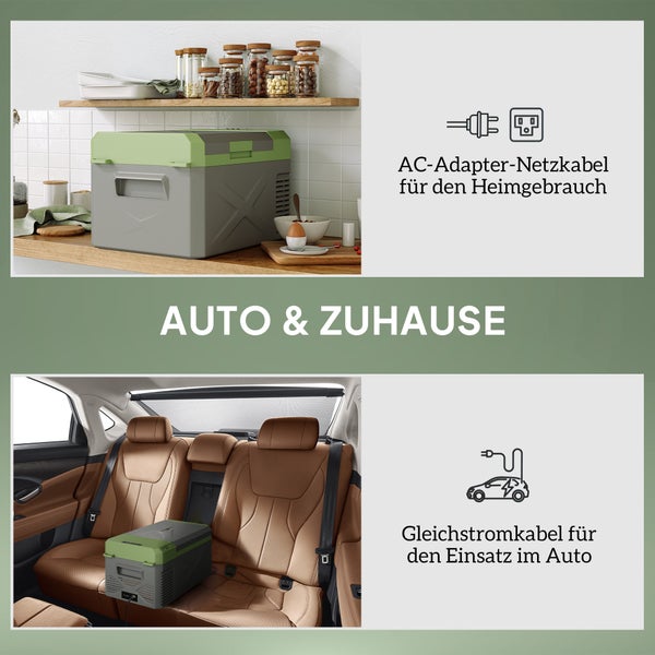 Outsunny 16,3 Liter Kompressor Kühlbox elektrische Kühlbox mit Anschluss ECO Modus Kühlhaltefunktion Gefrierbox Thermobox Mini Kühlschrank 12/220 Volt für Auto Steckdose LKW Camping Boot Grau+Grün