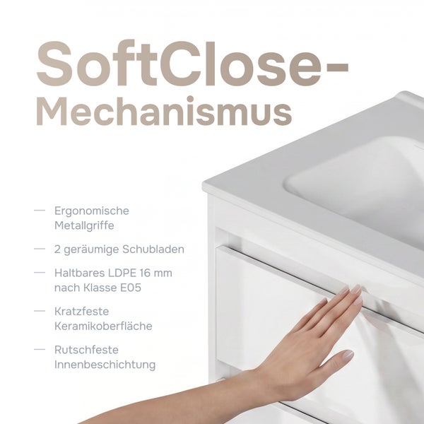 Waschtischunterschrank mit SoftClose Mechanismus, zwei Schubladen, ergonomischen Metallgriffen, kratzfester Keramikoberfläche und rutschfester Schicht