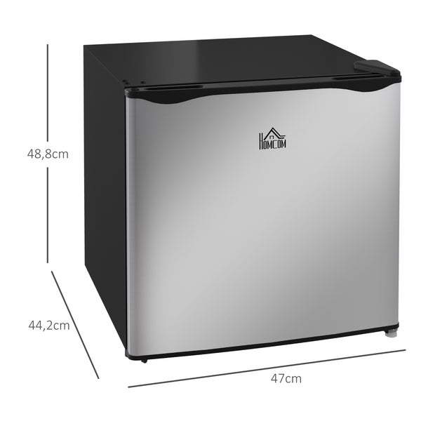 Homcom Mini-Kühlschrank, Maße 48,8 mal 47 mal 44,2 Zentimeter, silberne Front, schwarzes Gehäuse.