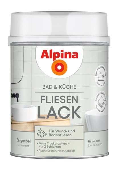 Alpina Bad und Küche Fliesenlack seidenmatt Bergnebel für Wand- und Bodenfliesen, Reichweite circa 10 Quadratmeter.