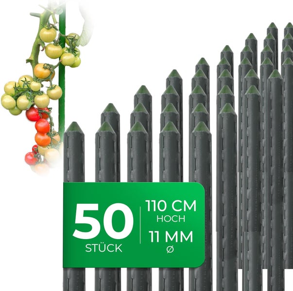 Pflanzstäbe 50 Stück, Höhe 110 Zentimeter, Durchmesser 11 Millimeter, Rankhilfe für Pflanzen wie Tomaten.