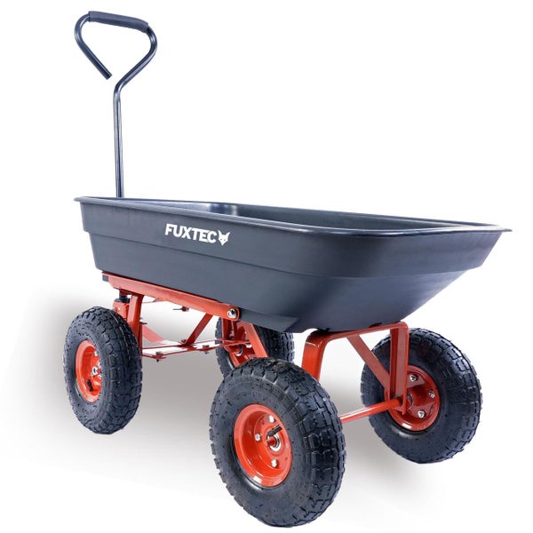 Fuxtec Gartenwagen mit schwarzer kippbarer Kunststoffwanne, rotem Metallrahmen und vier Luftreifen
