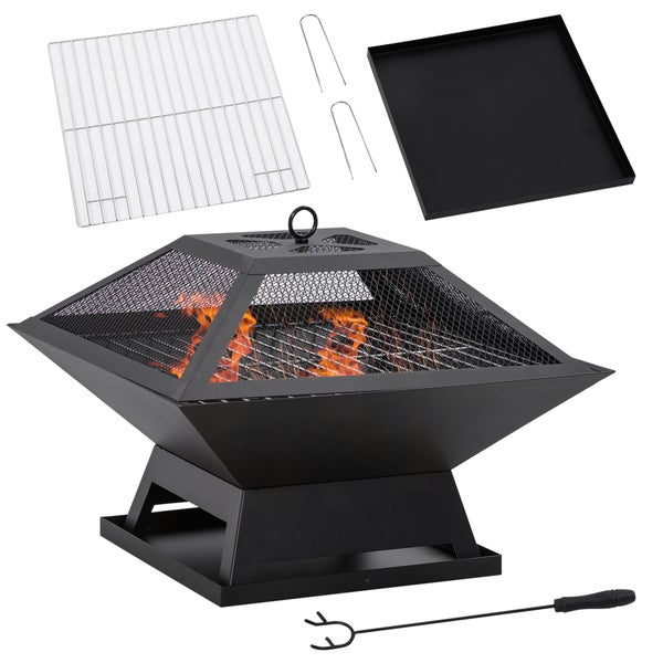 Outsunny Feuerschale mit Funkenschutz, Grillrost, Schürhaken, für Garten, Camping BBQ, 45 x 45 x 34 cm, Stahl, Schwarz