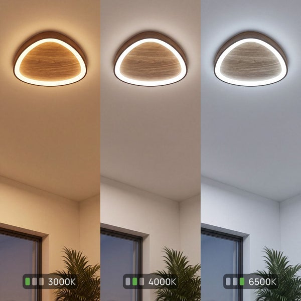 Dreieckige Deckenleuchte in Holzoptik mit LED-Ring in drei Lichttemperaturen: 3000 Kelvin Warmweiß, 4000 Kelvin Neutralweiß und 6500 Kelvin Kaltweiß.