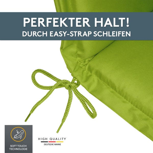 Detailansicht eines Kissens mit Befestigungsschleife für sicheren Halt, Soft-Touch-Technologie und Siegel für deutsche Markenqualität.