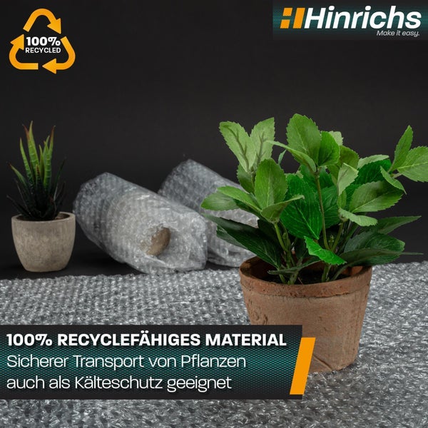 Luftpolsterfolie auf Rolle aus 100 Prozent recyceltem Material, geeignet für Versand, Umzug und Lagerung. Hinrichs Logo.