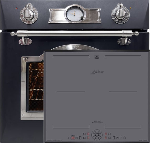 Kaiser Einbaubackofen und Induktionskochfeld Set im Retro Design mit Analoguhr und Bedienknebeln.