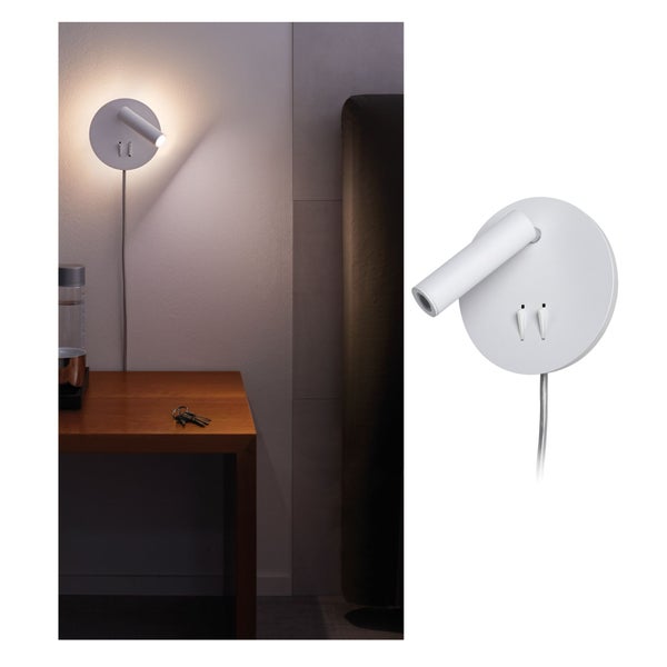 Moderne runde Wandleuchte mit verstellbarem Spot und zwei Schaltern inklusive Kabelanschluss.