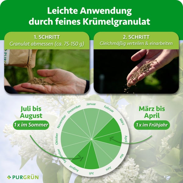 Anleitung zur Anwendung von feinem Krümelgranulat mit Dosierung und saisonalem Düngekalender für Frühjahr und Sommer von Purgrün.