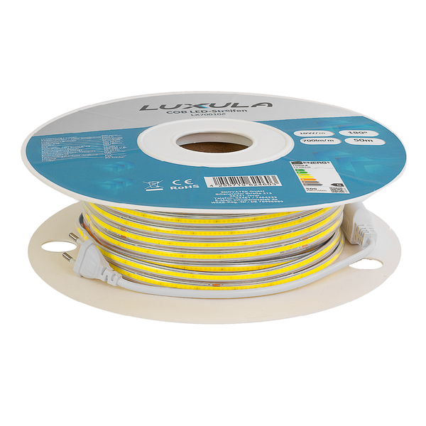 Luxula COB LED-Streifen auf Rolle, 50 Meter, mit Netzstecker, 700 Lumen pro Meter.