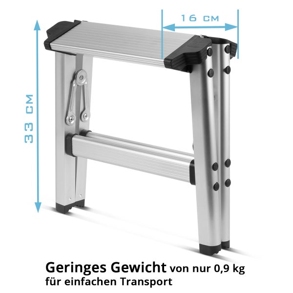 Klapptritt aus Aluminium mit einer Höhe von 33 Zentimetern und einer Breite von 16 Zentimetern. Gewicht 0,9 Kilogramm für einfachen Transport.