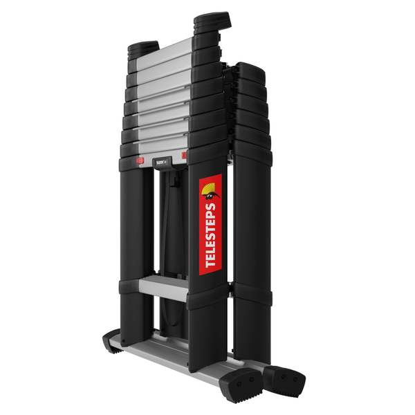Eingefahrene Telesteps Teleskopleiter aus Aluminium und Kunststoff.