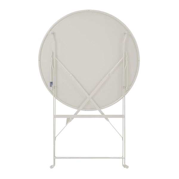 Weißer zusammengeklappter runder Bistro-Tisch aus Metall.