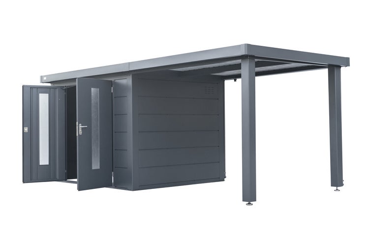 Gerätehaus aus Metall mit integriertem Carport und zwei Flügeltüren inklusive Glaseinsatz