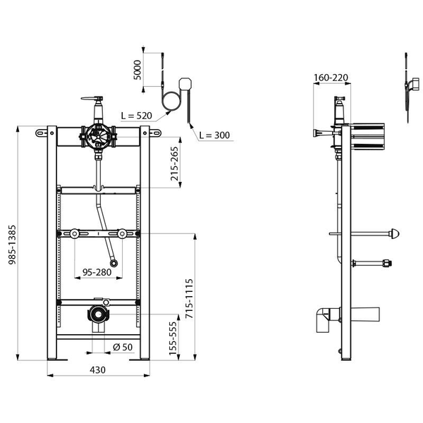 Technische Zeichnung eines Vorwandelements für Urinale in Front- und Seitenansicht mit Maßangaben in Millimetern.