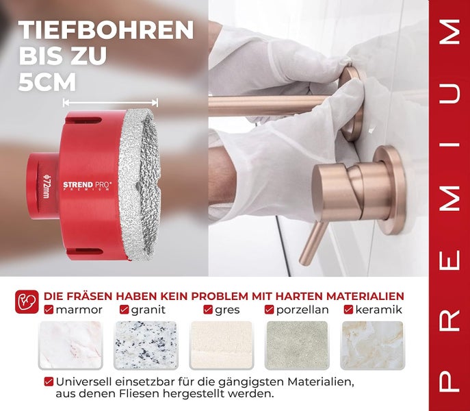 PROREGAL Diamant Bohrkronenaufsatz Premium Crystal 72 mm für Fliesen Glas Feinsteinzeug Keramik Granit Steinfliesen Winkelschleifer Flex M14