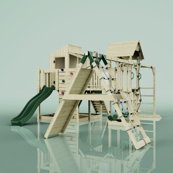 Spielplatz mit Rutsche, Kletterwand und Schaukel aus Holz
