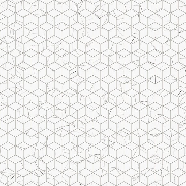 Wandfliese mit geometrischem Würfelmuster und Marmor-Optik.