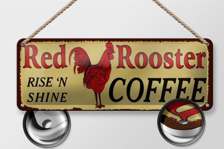 Blechschild Spruch 27x10cm Red Rooster rise`n shine COFFEE Dekoration