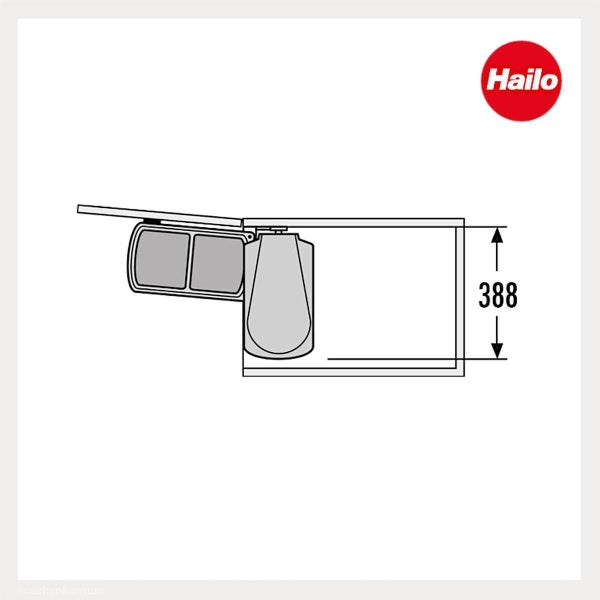 Maßzeichnung eines Hailo Abfalltrennsystems für Küchenschränke mit einer Höhe von 388 Millimetern und Hailo Logo.