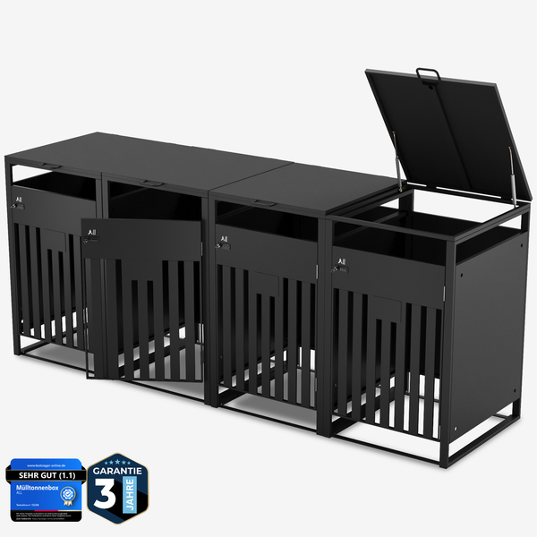 ALL Premium Mülltonnenbox 4er – Abschließbar & wetterfest, für Garten, Hof & Straße, beliebig erweiterbar, legierter Stahl robust & langlebig