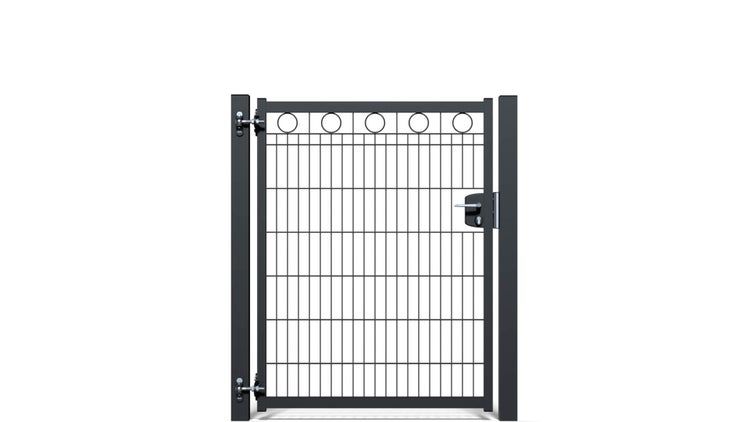 Zauntür ZAUNGURU BASIC-Linie Berlin Kreis aus Metall, Höhe: 143cm, Breite: 123cm, 1-flügelig inkl. Pfosten, Schloss und Zubehör, Feuerverzinkt und zusätzlich in RAL 7016 Anthrazitgrau pulverbeschichtet