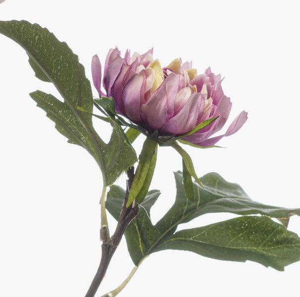Künstliche Blume am Stiel mit violetter Blüte und grünen Blättern.