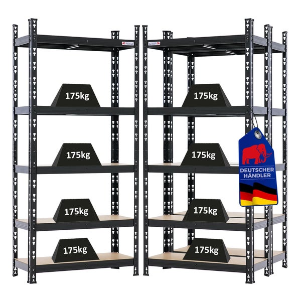 Zwei schwarze Schwerlastregale aus Metall mit 5 Holzböden, Traglast 175 Kilogramm pro Fachboden, ProRegal Logo, Kennzeichnung als deutscher Händler.