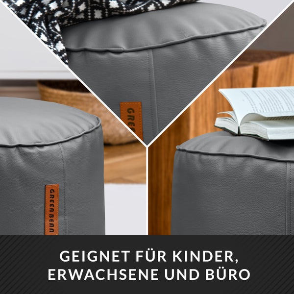Collage eines grauen Sitzhockers aus Leder mit dem Green Bean Logo. Geeignet für Kinder, Erwachsene und Büros.