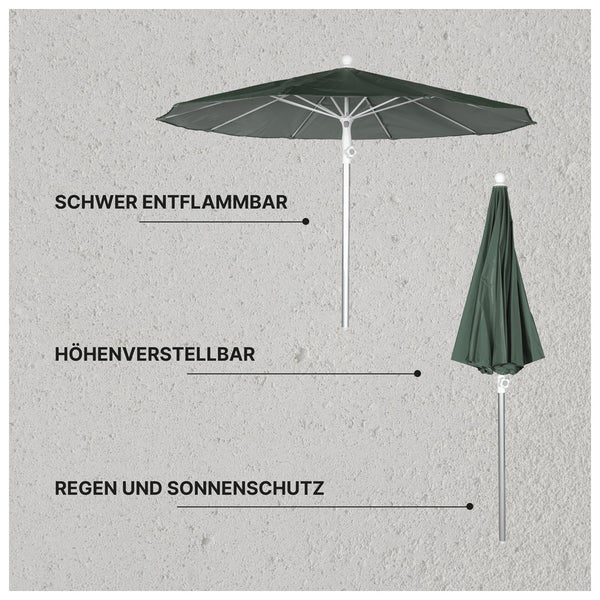 Grüner Sonnenschirm in geöffneter und geschlossener Ansicht, schwer entflammbar, höhenverstellbar, bietet Regen- und Sonnenschutz.