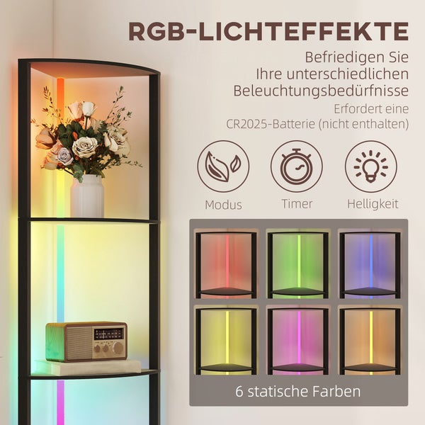 Eckregal mit integrierter RGB-LED-Beleuchtung, Blumen und Radio auf den Regalböden, Funktionen für Modus, Timer und Helligkeit sowie 6 Farbbeispiele.