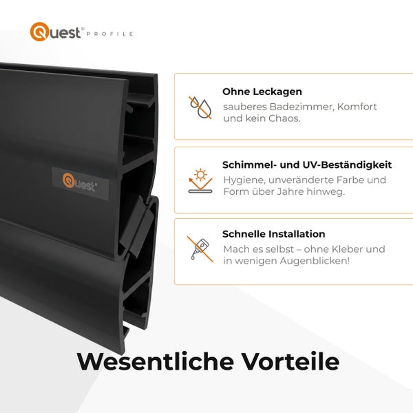 Quest Profile Logo und Duschdichtung mit Vorteilen: wasserdicht, schimmelresistent, UV-beständig und einfache Montage ohne Klebstoff.