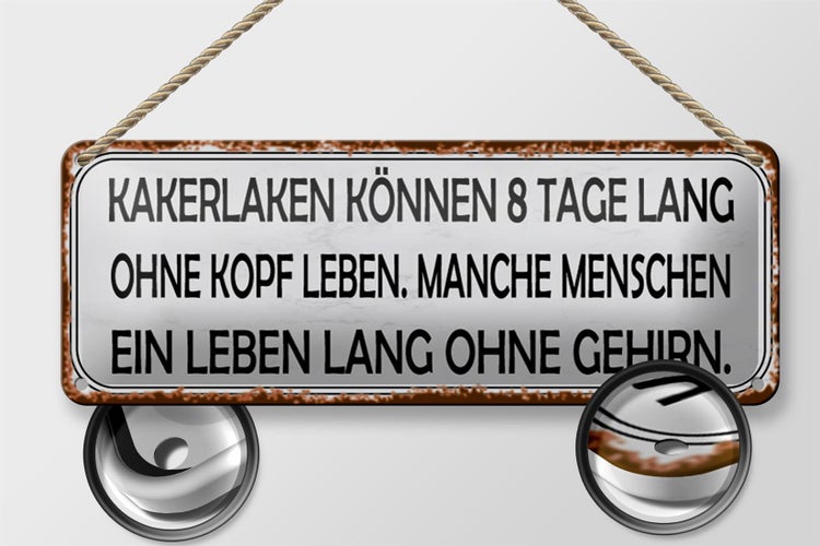 Blechschild Spruch 27x10cm Kakerlaken ohne Kopf Menschen Dekoration