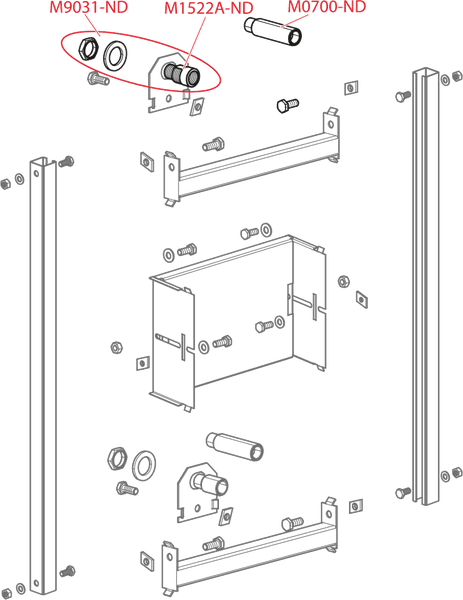 Technische Zeichnung eines Montagesets mit Metallrahmen, Schrauben, Muttern und Unterlegscheiben, Markierung der Teile M9031-ND und M1522A-ND.