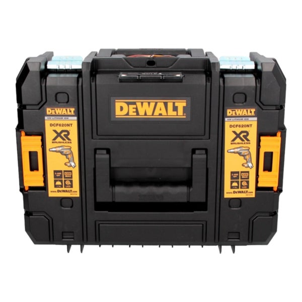 DeWALT Werkzeugkoffer TSTAK für Trockenbauschrauber DCF620NT, robuster Kunststoffkoffer mit Tragegriff und seitlichen Verschlüssen.